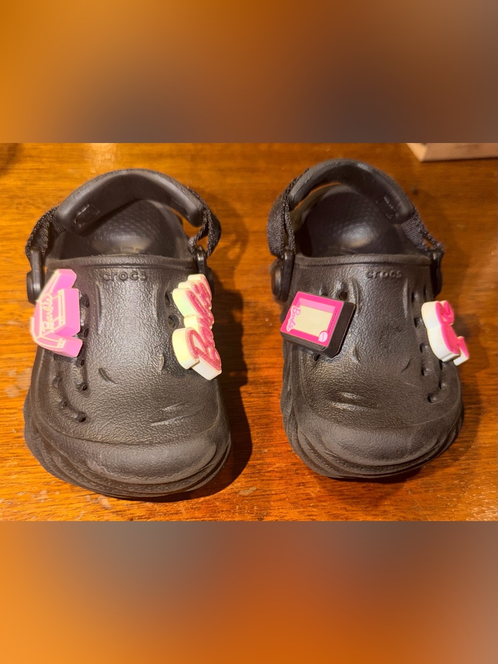 Crocs C6 Kids Black Clog Slip On w/ Barbie Jibbitz Charms Adjustable Strap Girls